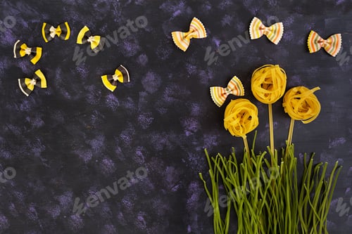 Preview: Dry pasta background. Different pasta on dark background. Flat lay. Top view.