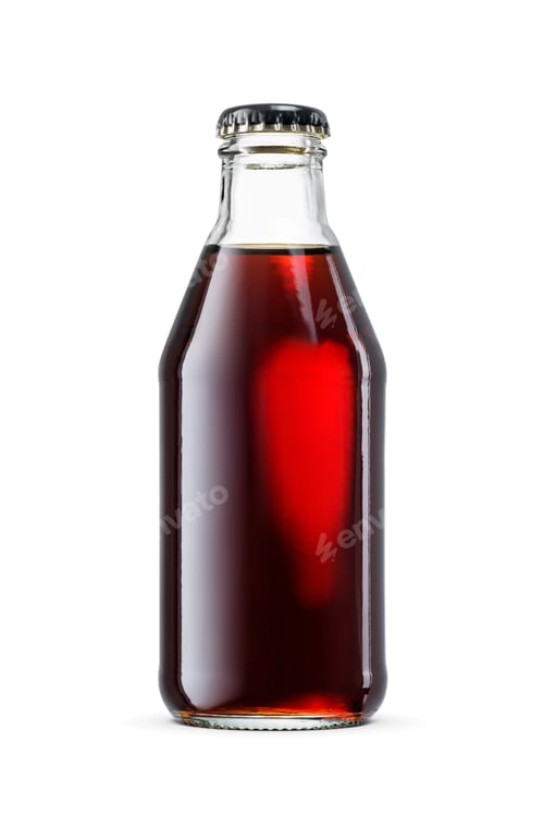 Preview: Small clear glass bottle of cola isolated on white.