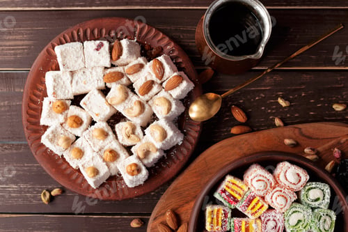 Preview: Turkish delight on a wooden table.