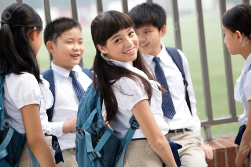 Preview: Happy schoolgirl in uniform with her friends outdoors