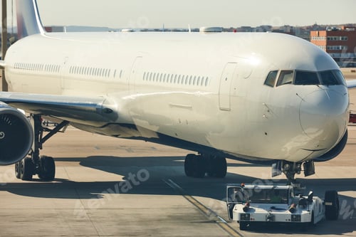Preview: Low truck towing an aeroplane on airport runaway. Transport industry