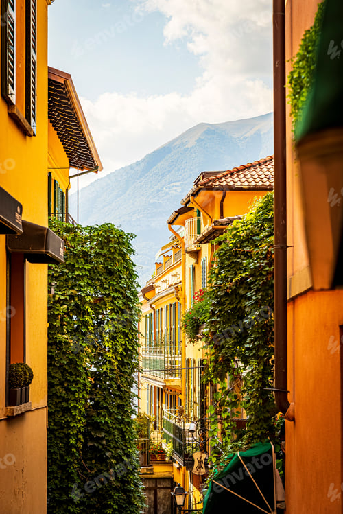 Preview: Buildings with balconies decorated with plants and mountains in the background