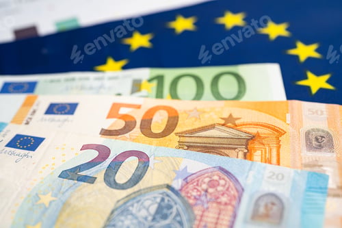 Preview: EU banknotes money on flag in europe , Business and finance concept.