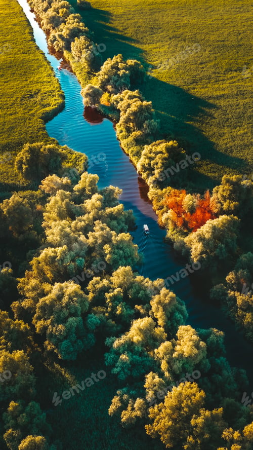Preview: Small boat floating on the water from Danube Delta in the middle of natur, green surroundings.