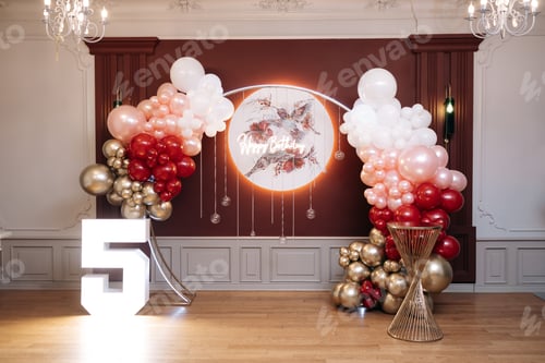 Preview: Red photo zone for birthday celebrations. Large elegant photo zone with lighting.