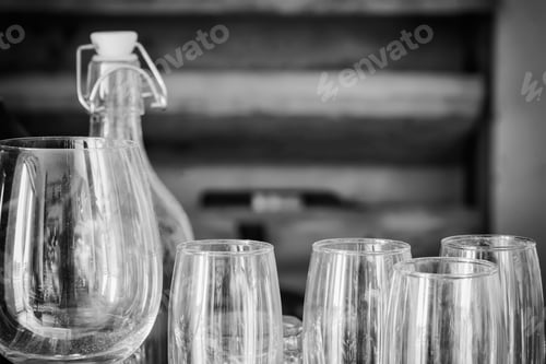 Preview: Champagne glasses in a row. black and white tone. Vintage filtered.
