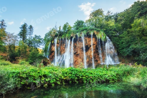Preview: Waterfalls in national park falling into turquoise lake. Plitvice, Croatia