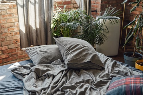 Preview: Cozy room furnished with bed and home plants