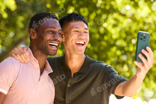 Preview: Smiling Same Sex Male Couple Or Friends Posing For Selfie On Mobile Phone Outdoors In Countryside