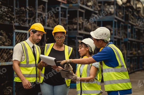 Preview: group of engineer industry worker team working together help solving problem in metal factory