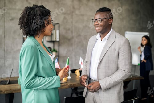 Preview: Two Diverse Colleagues Talking In Modern Office Interacting At Workplace