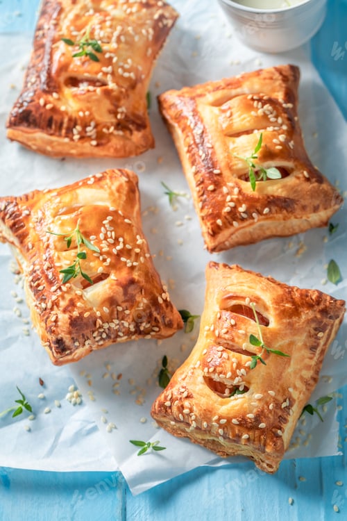 Preview: Sausage roll as a snack for breakfast on blue table