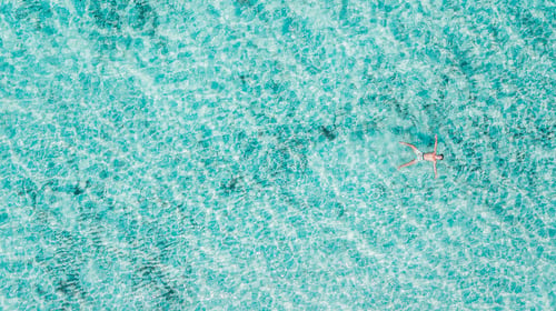 Preview: Young man floating on water while relaxing in swimming pool. Man in swimming trunks swimming