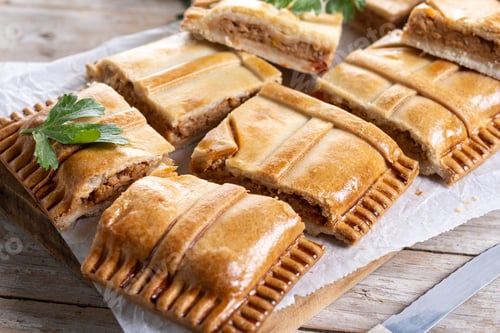 Preview: Tuna pie (empanada gallega) isolated on white background