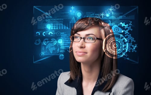 Preview: Young Woman Looking With Futuristic Smart High Tech Glasses Concept