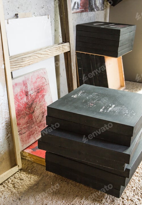 Preview: Set of finished oil canvas in a artist studio