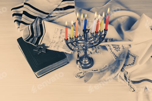 Preview: Jewish holiday, Holiday symbol Hanukkah Brightly Glowing Hanukkah Menorah - Shallow Depth of Field