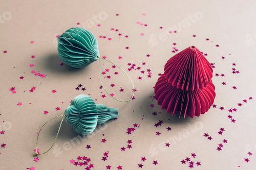 Preview: Paper Christmas decorations with red and green colors and scattered glitter stars. Minimal style
