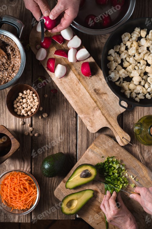 Preview: Preparation Salad from radish, chickpea, avocado and carrot