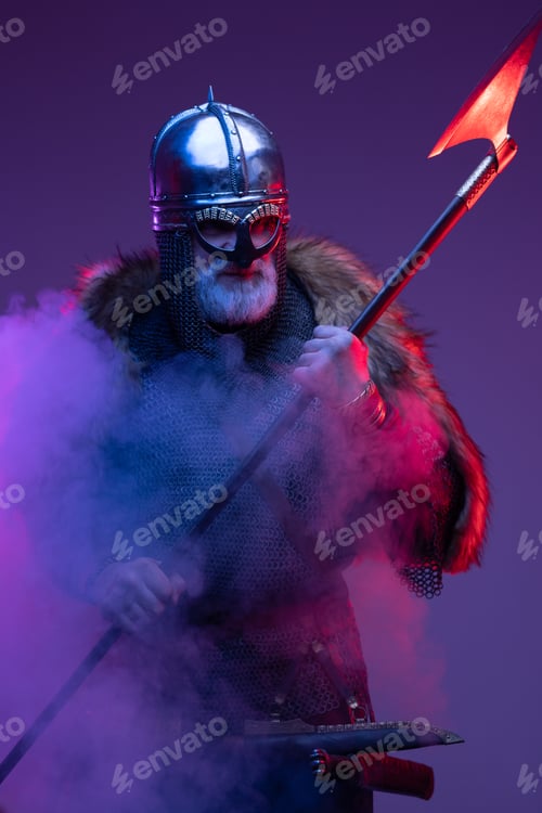 Preview: Furious old viking warrior with axe in smoke