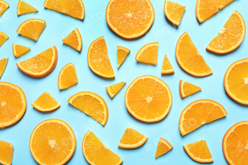 Preview: Flat lay composition with orange slices on color background