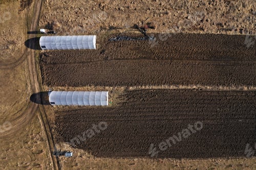 Preview: Aerial View of Countryside Greenhouse, Farm, Agricultural Field in the Spring