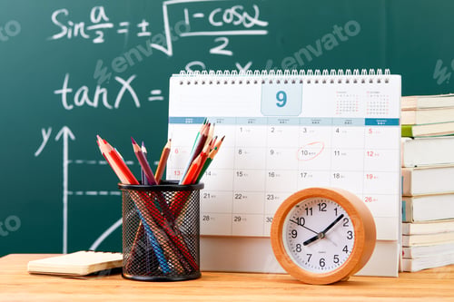 Preview: Pencils, a calendar, a clock, and some books by the blackboard