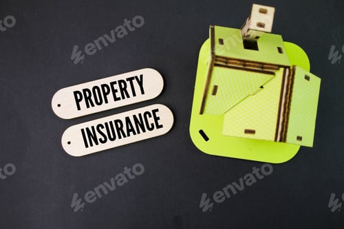 Preview: house model from top view and wood with word PROPERTY INSURANCE