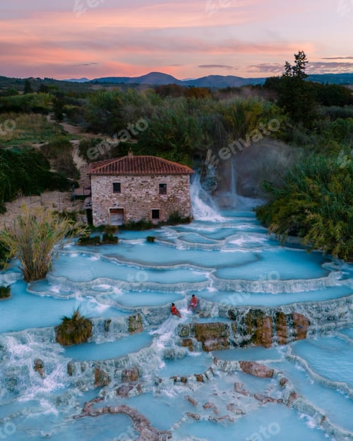 Preview: Enjoying the serene thermal baths of Saturnia at sunset in Tuscany, Italy