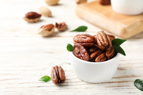 Preview: Tasty pecan nuts in dish on wooden table. Space for text