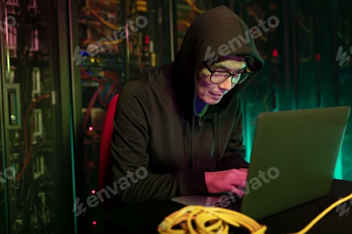 Preview: Asian male hacker using a laptop in computer server room