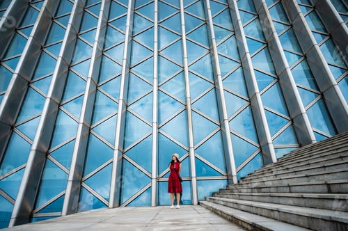 Preview: Asian woman in red dress at modern building, female girl with urban city lifestyle
