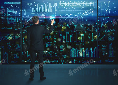 Preview: Businessman Drawing Business Statistics On Glass Wall