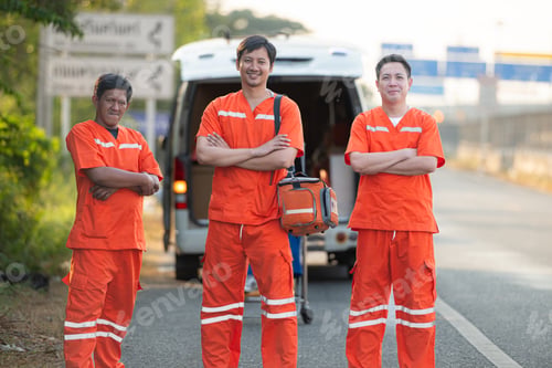 Preview: Portrait of paramedic team is assisting an injured man in an emergency situation on the road.
