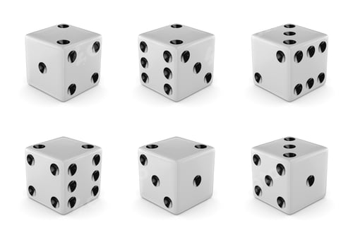 Preview: Set of six white dice with different numbers. 3d rendering.