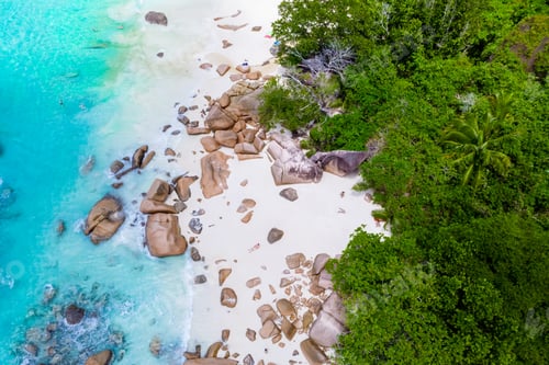 Preview: Drone view from above at Anse Lazio beach Praslin Island Seychelles