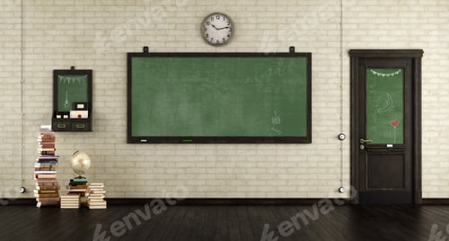 Preview: Retro Classroom with Chalkboard and Stacked Books