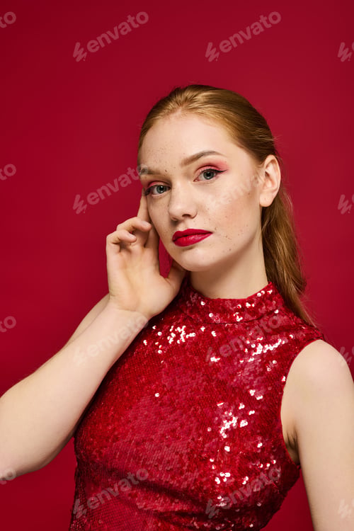 Preview: Elegant young woman poses gracefully against a vibrant red backdrop showcasing glamour and poise