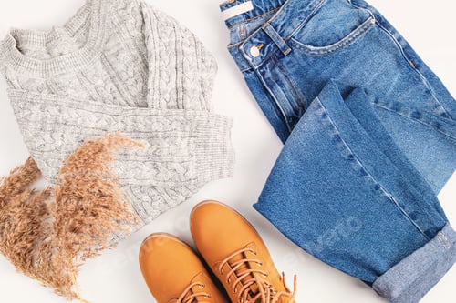 Preview: Flat lay with comfort warm outfit for cold weather