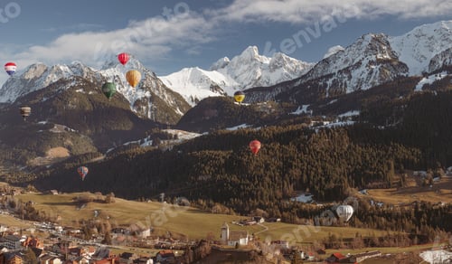 Preview: Hot air balloons, mountain and village - Chateau d'Oex, Switzerland