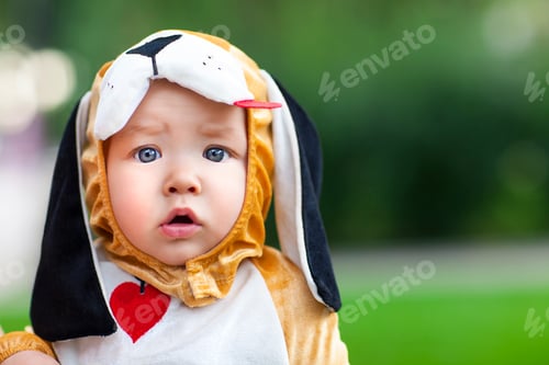 Preview: Little funny baby wearing puppy suit