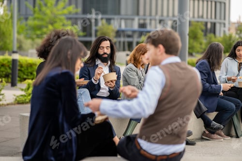 Preview: business, co-workers at lunch break outside