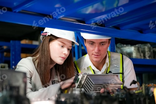 Preview: Indusrtial Robot, Engineers inspecting part check up inventory at factory warehouse.