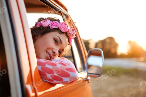 Preview: Beautiful hippie girl in a van