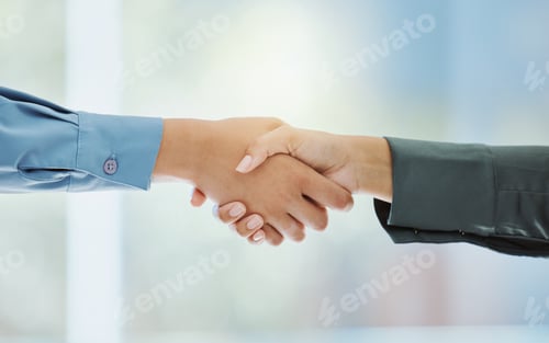 Preview: Handshake, partnership and trust in support, teamwork or deal together against a blurred background