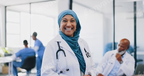 Preview: Face, Islamic woman and doctor with smile, hospital and confidence for surgery, consulting and smil