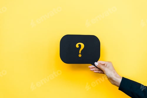 Preview: cropped view of woman holding black speech bubble with question mark on orange