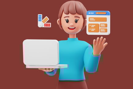 Vorschau: Frau mit Laptop und Browserfenster.