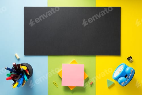 Preview: school supplies at abstract colorful background
