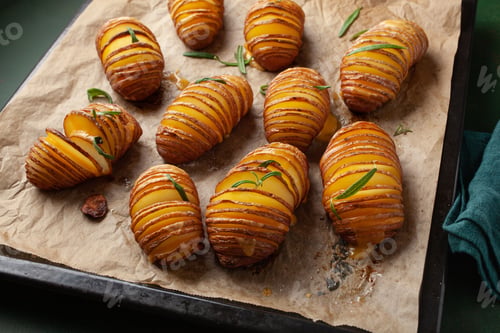 Preview: baked hasselback potato with cheddar cheese and rosemary